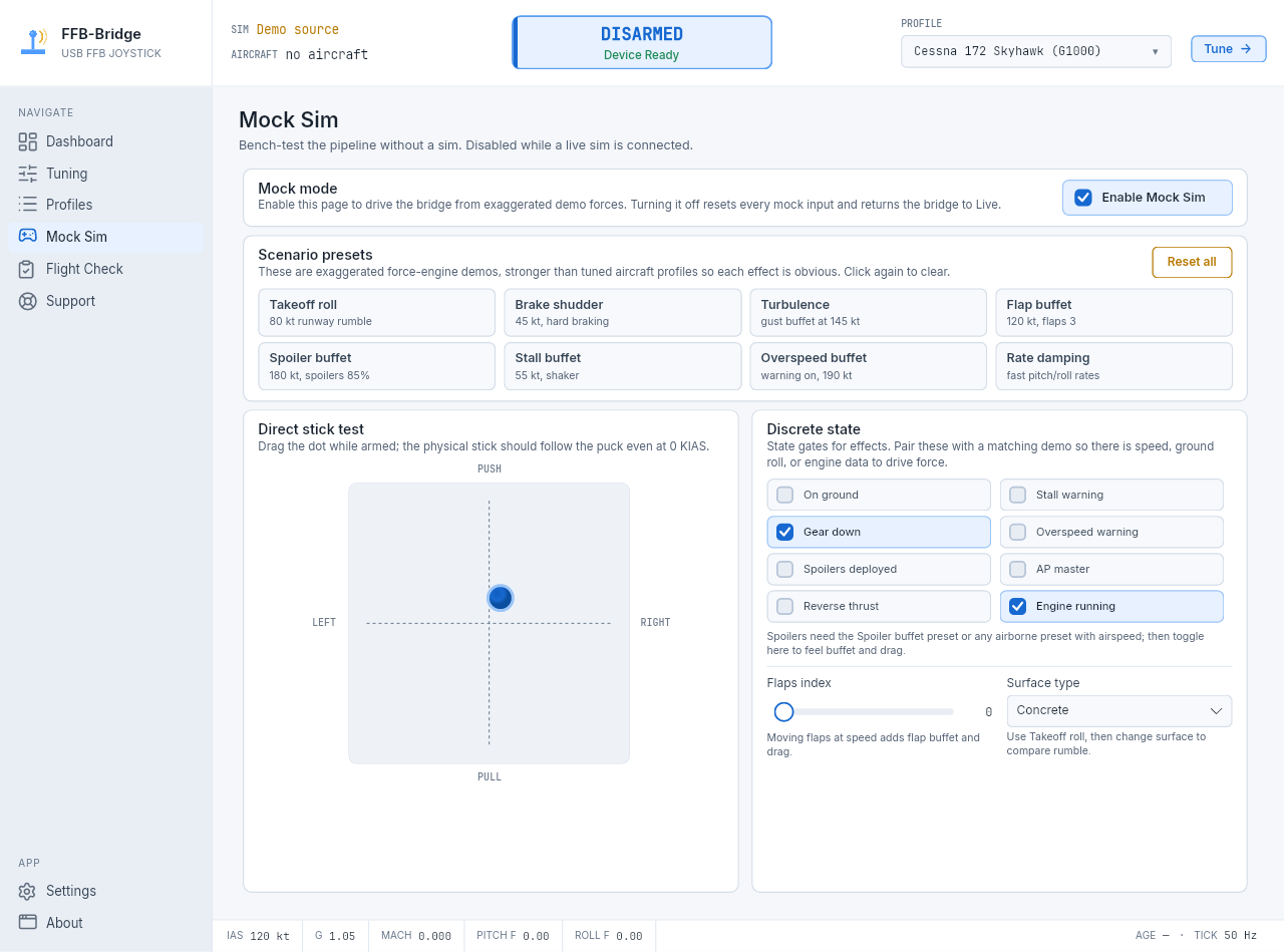 Pagina FFB-Bridge Mock Sim per testare il force feedback al banco senza simulatore di volo in funzione