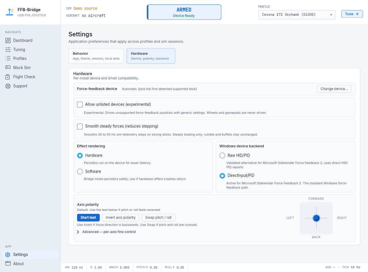 Pagina Impostazioni FFB-Bridge con tema, automazione della sessione, comportamento di chiusura e preferenze di diagnostica