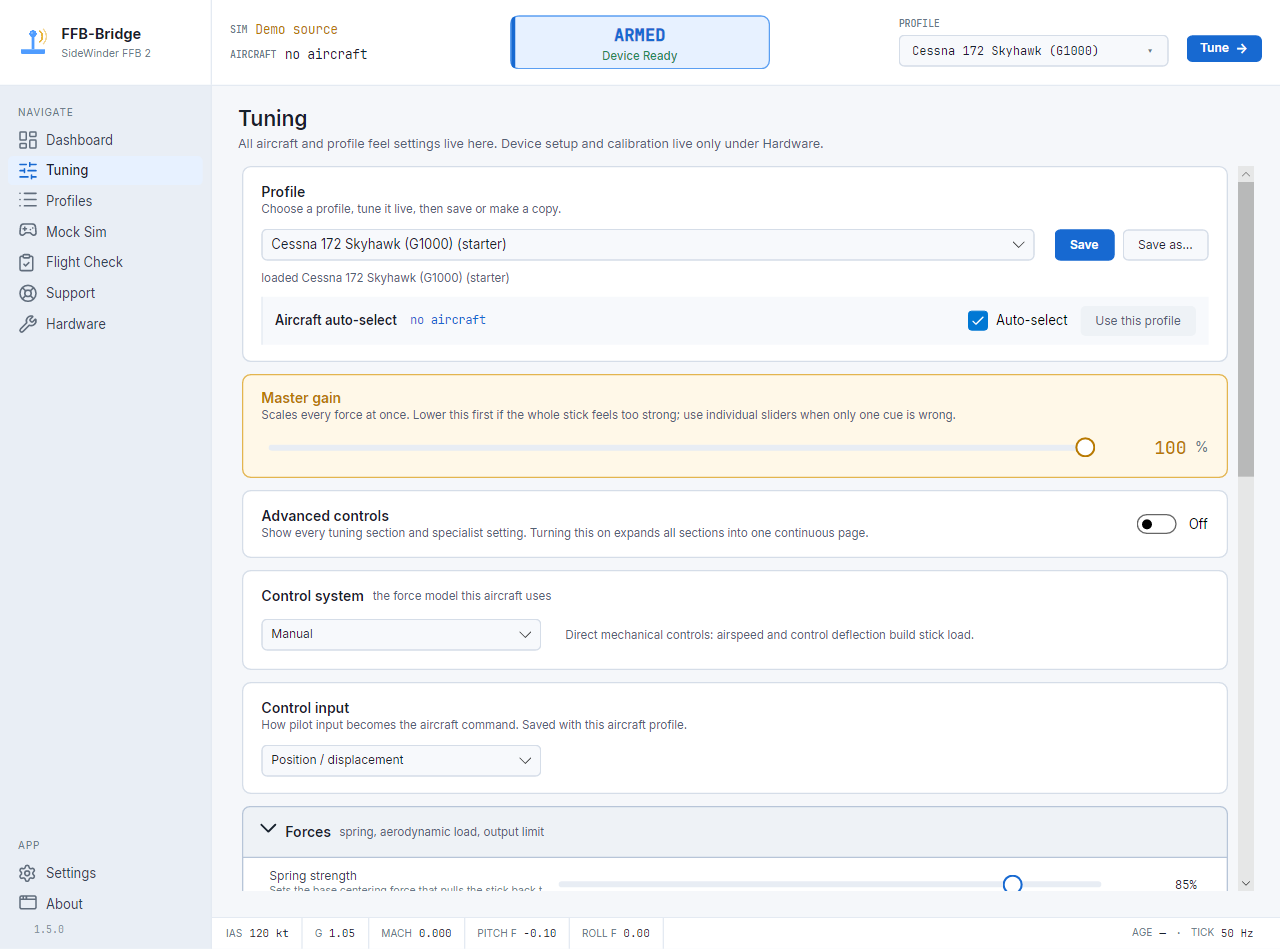 Pagina di ottimizzazione del FFB-Bridge con cursori del feedback di forza per effetto