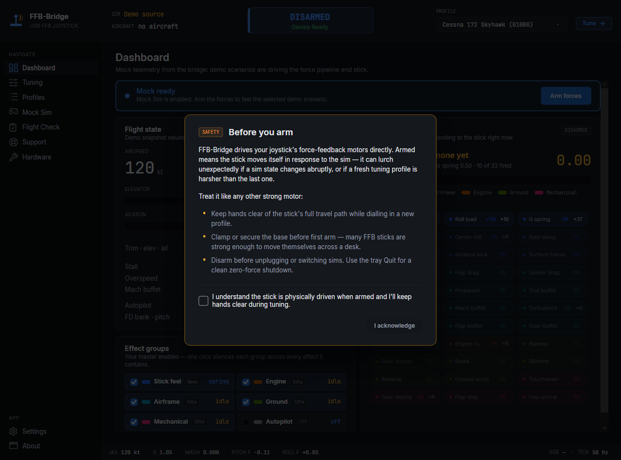 SideWinder FFB2 のフォースフィードバックを有効にする前に表示される FFB-Bridge の初回起動時の安全確認プロンプト