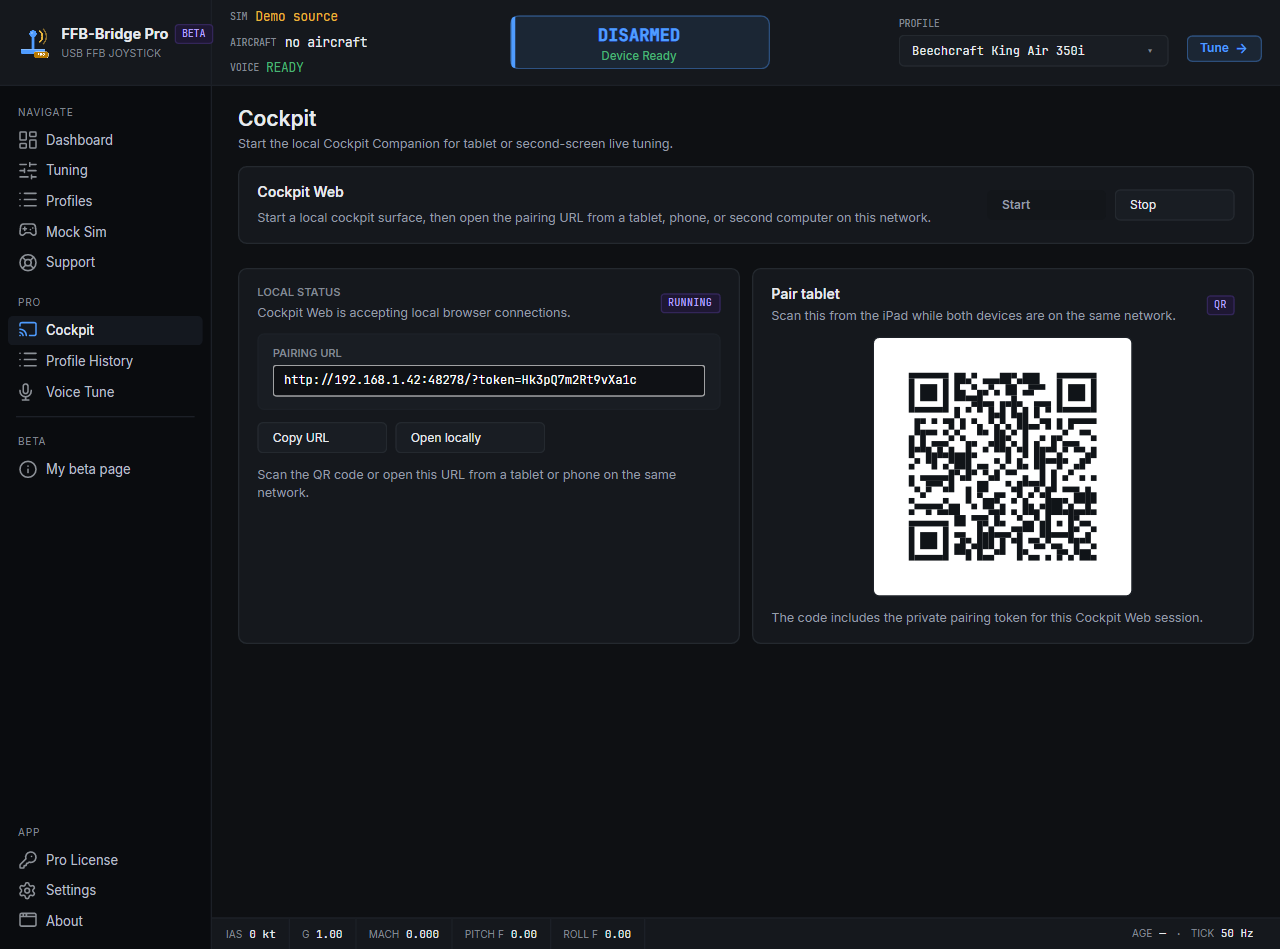 페어링 QR 코드와 URL을 보여 주는 FFB-Bridge Pro 데스크톱 Cockpit Web 페이지