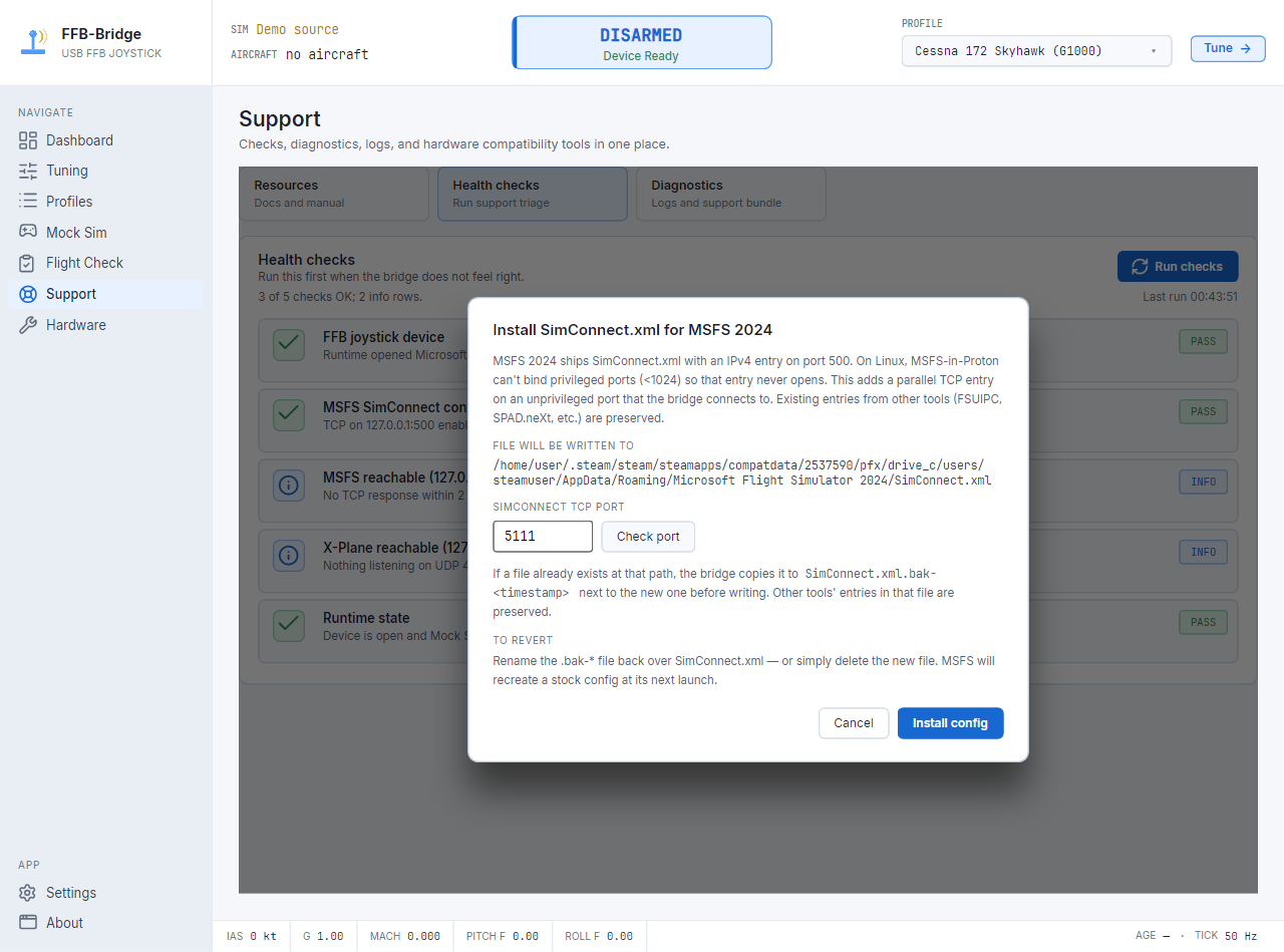 Linux SimConnect 및 루프백 설정 지침을 보여주는 FFB-Bridge 지원 페이지