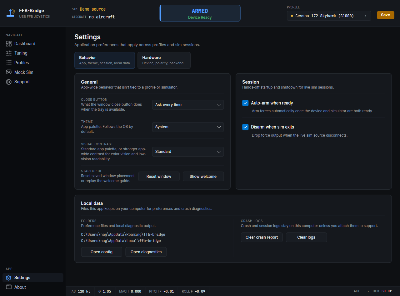 FFB-Bridge Settings-pagina met hardwarecompatibiliteitsbediening