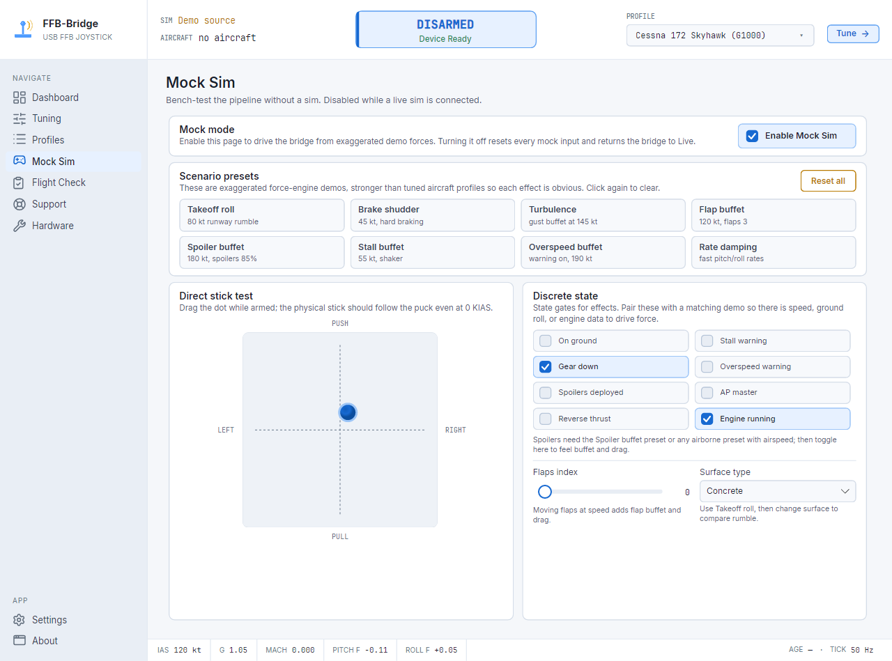 FFB-Bridge Mock Sim-pagina bench-testing force feedback zonder dat er een vluchtsimulator draait