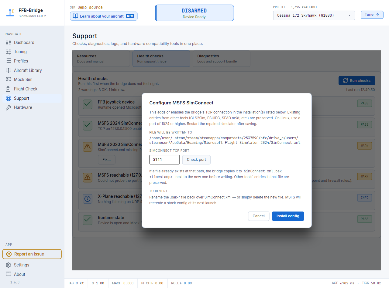 Strona „Wsparcie” w FFB-Bridge ze wskazówkami konfiguracji SimConnect i loopback w systemie Linux