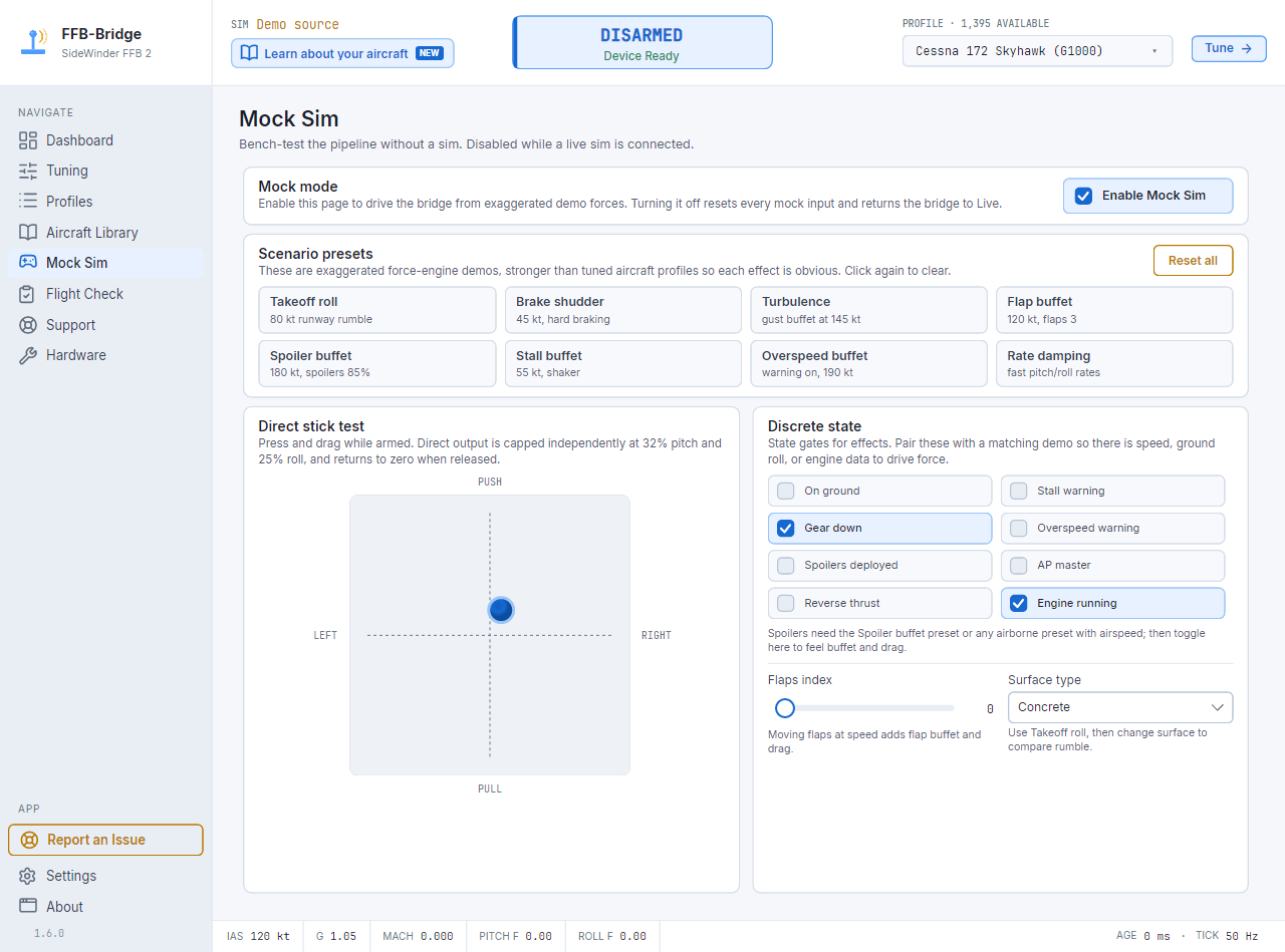 Strona „Symulator testowy” w FFB-Bridge do testowania force feedback na stanowisku bez uruchomionego symulatora lotu
