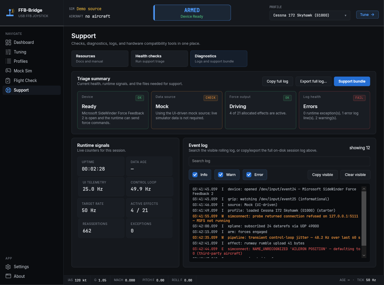 Página FFB-Bridge Diagnostics com métricas de tempo de execução, logs e exportação de pacote de suporte