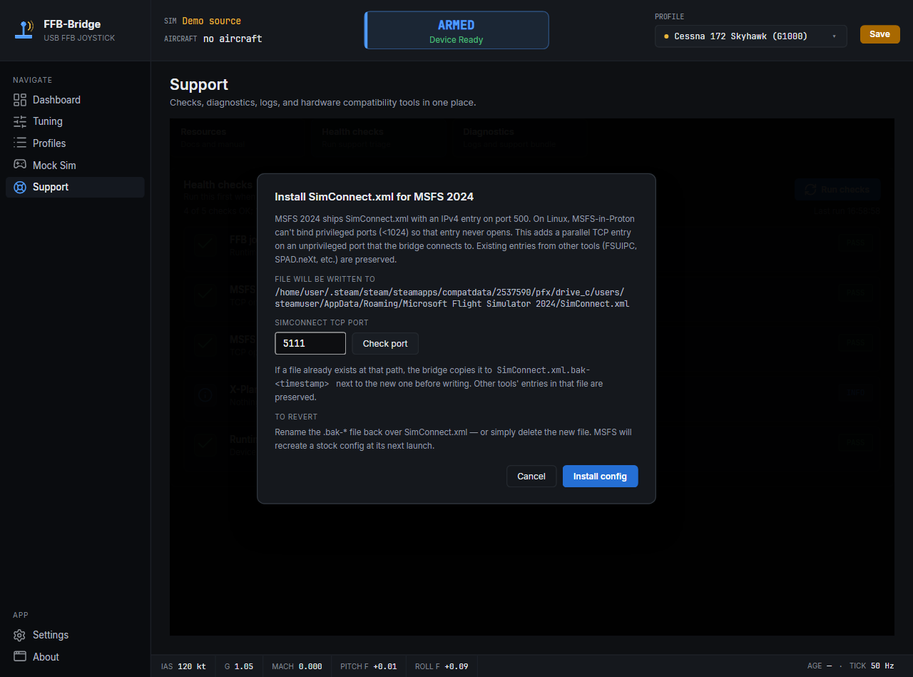 修复 SimConnect 配置安装对话框。将显示要添加的确切 XML 片段以及结果文件的预览。